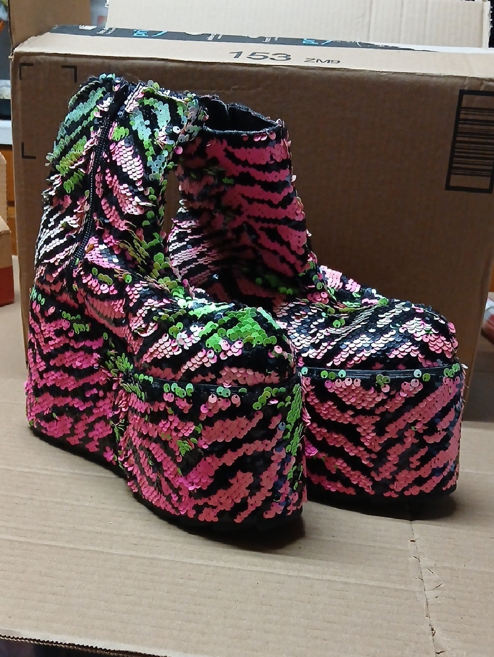 YRU Qomet Neon Zebra Print Sequin Flip Platform Boots Shoes Green Pink Black 7